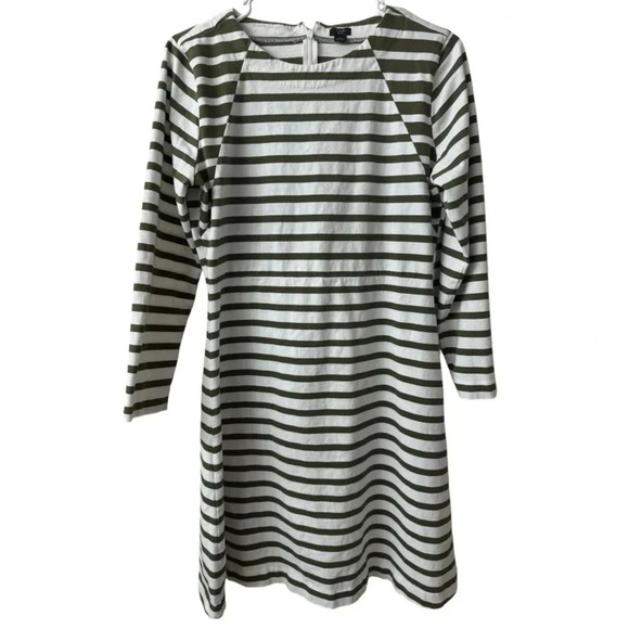 J Crew Olive Green &‎ White Stripped Fit & Flare Long sleeve cotton Dress - Picture 1 of 10